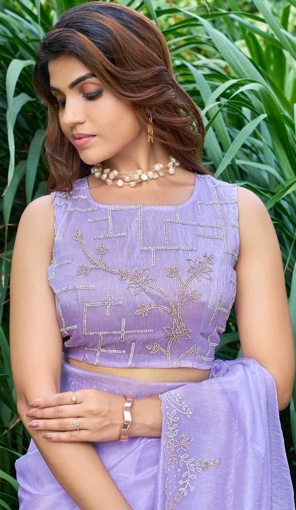 Light Lavender Organza Hand Work Designer Wear Saree - 11215199669