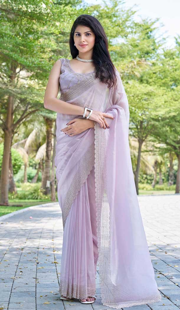Organza Hand Work Designer Wear Saree In Light Lavender - 11216199676