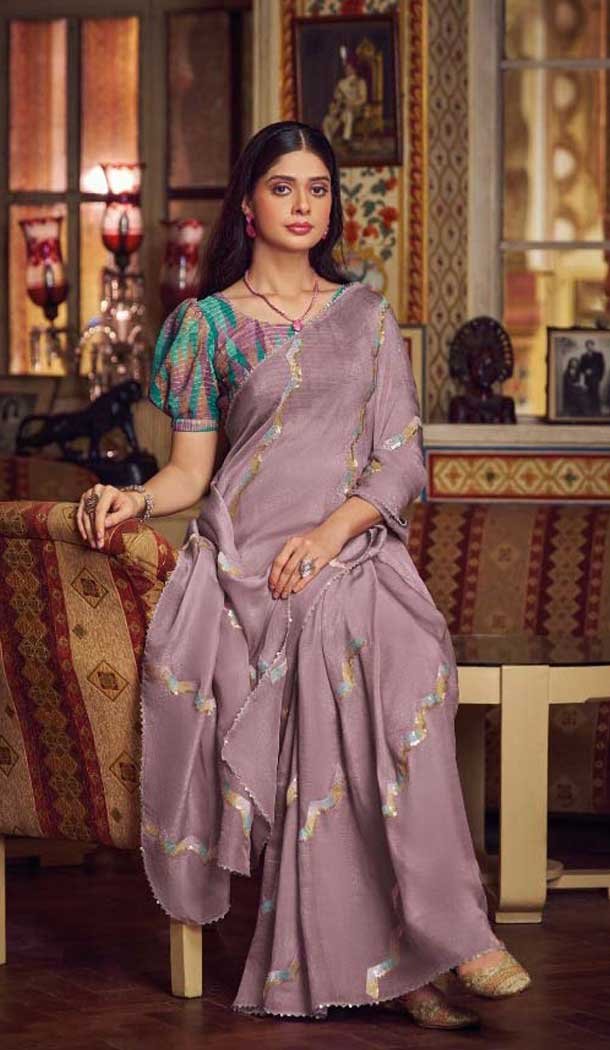 Lavender Shimmer Chiffon Embroidered Party Wear Saree - 11237199820
