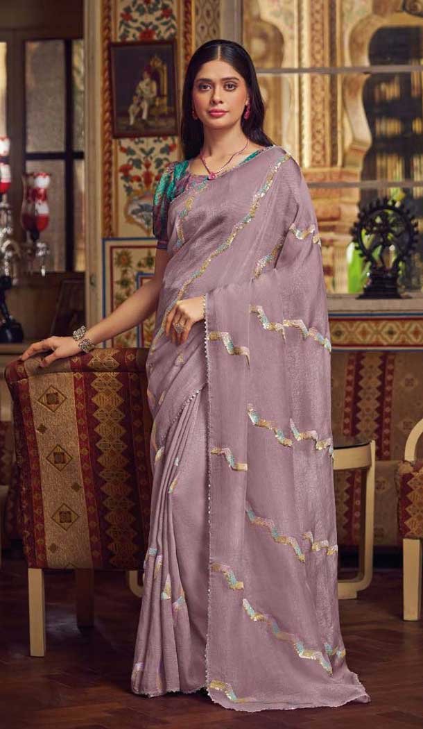 Lavender Shimmer Chiffon Embroidered Party Wear Saree - 11237199820