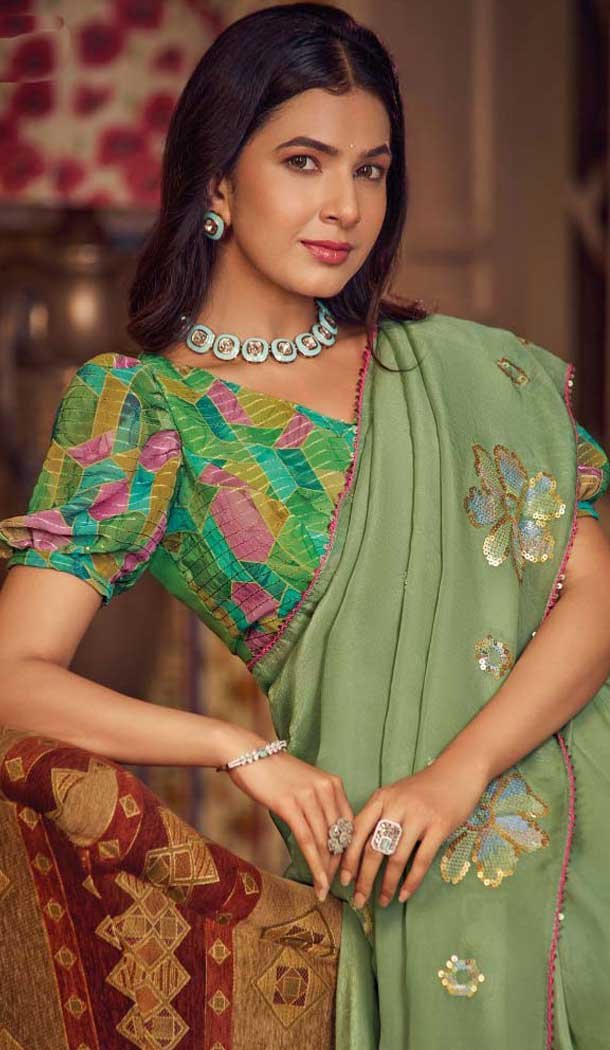 Pista Green Shimmer Chiffon Embroidered Party Wear Saree - 11237199821