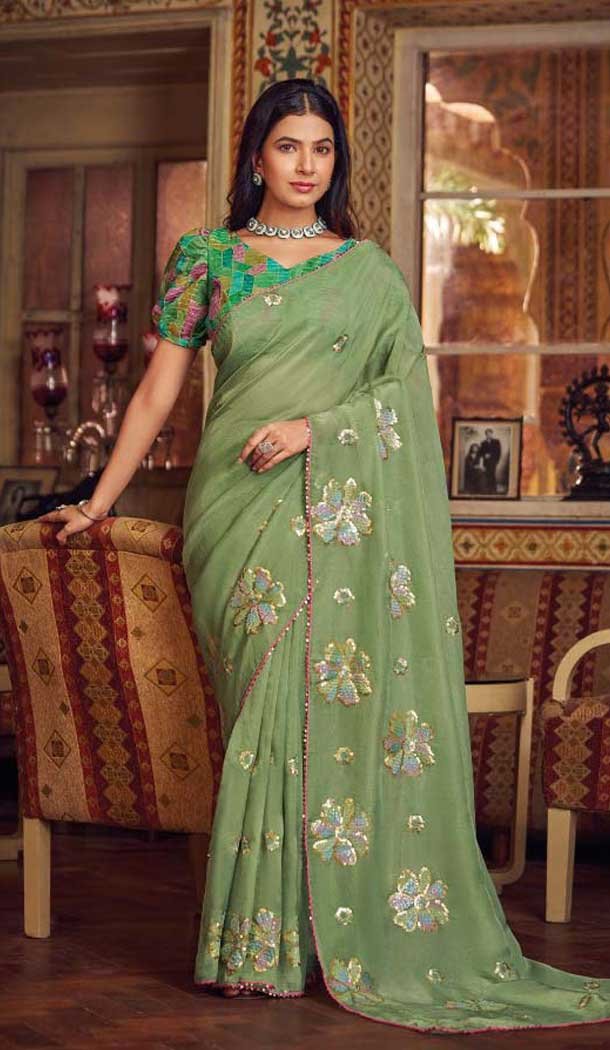 Pista Green Shimmer Chiffon Embroidered Party Wear Saree - 11237199821