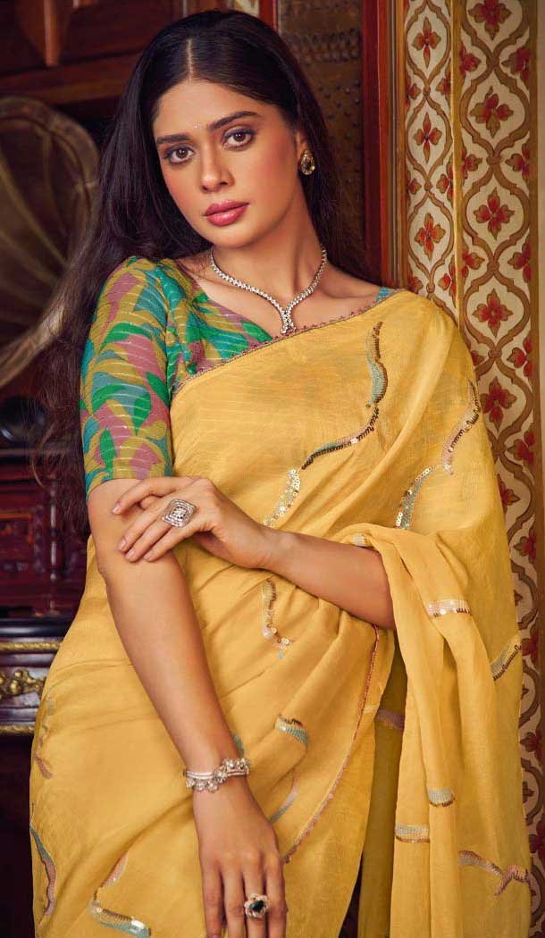 Light Yellow Shimmer Chiffon Embroidered Party Wear Saree - 11237199822