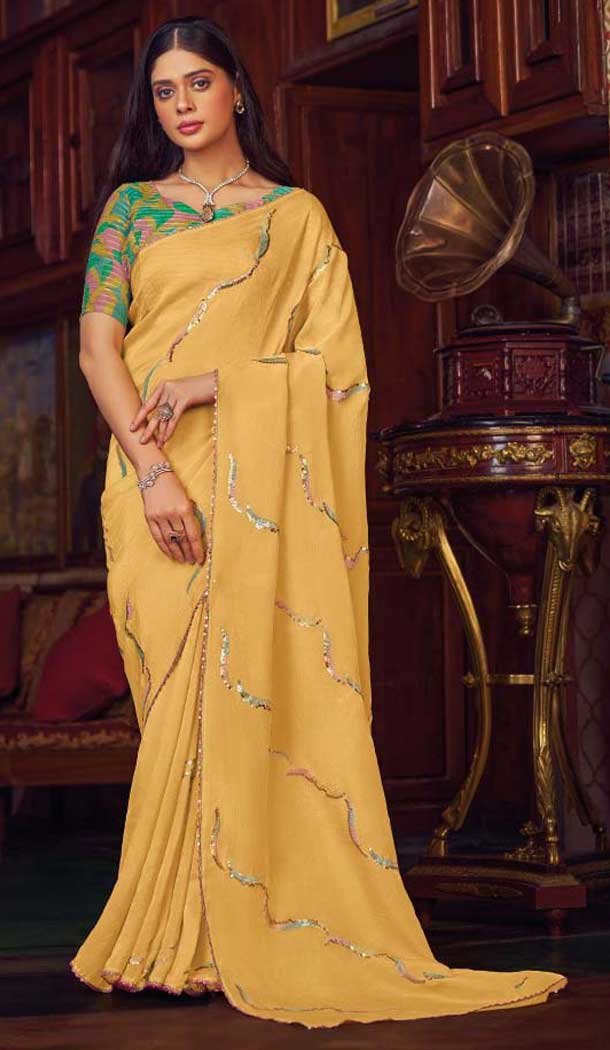 Light Yellow Shimmer Chiffon Embroidered Party Wear Saree - 11237199822