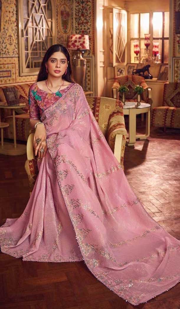 Pink Shimmer Chiffon Embroidered Party Wear Saree - 11237199823