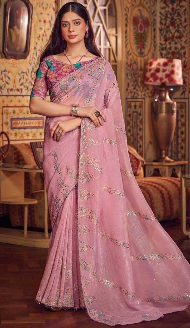 Pink Shimmer Chiffon Embroidered Party Wear Saree - 11237199823