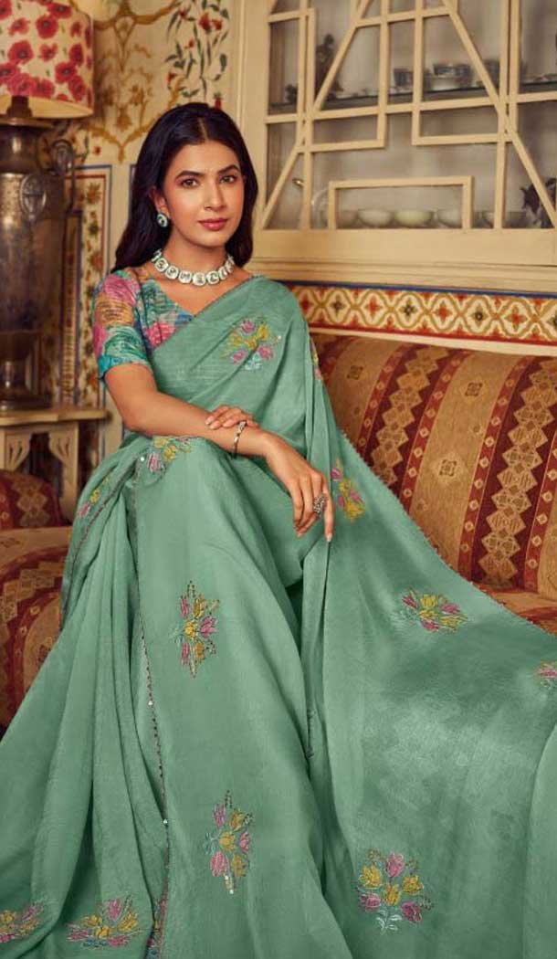 Sea Green Shimmer Chiffon Embroidered Party Wear Saree - 11237199824