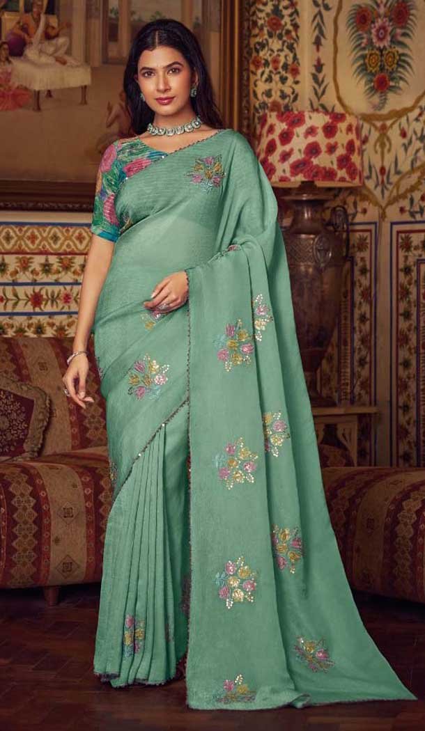 Sea Green Shimmer Chiffon Embroidered Party Wear Saree - 11237199824