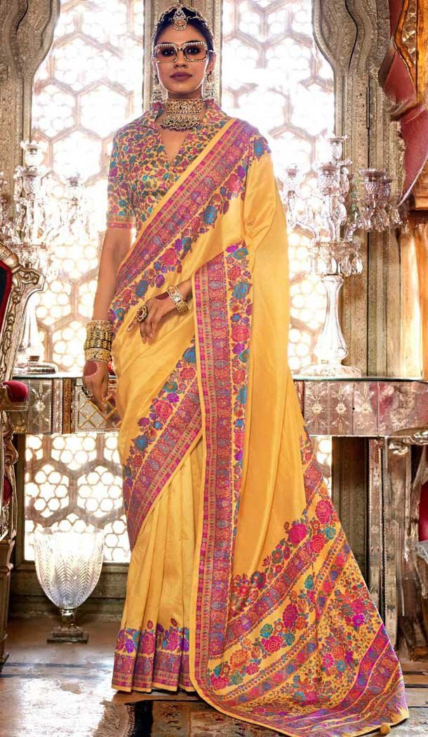 Light Yellow Silk Resham Work Party Wear Saree - 11274200036