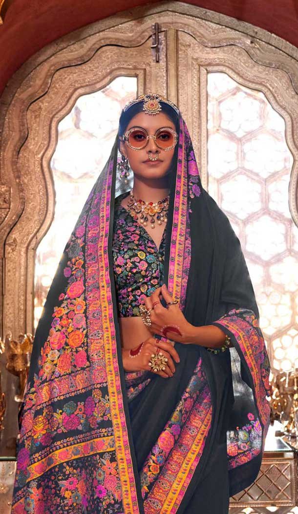 Black Silk Resham Work Party Wear Saree - 11274200038