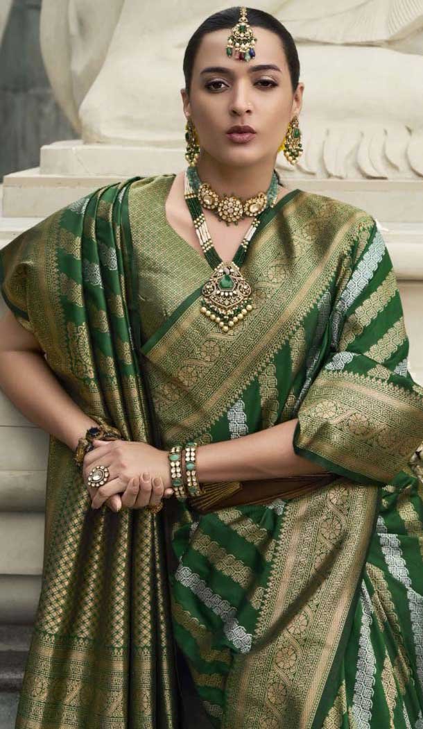 Viscose Silk Weaving Work Party Wear Saree In Dark Green - 11275200046