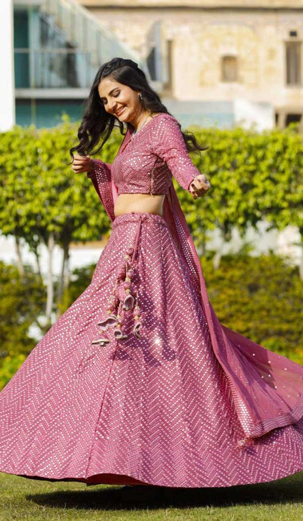 Faux Georgette Sequins Work Party Wear Lehenga Choli In Magenta - 11288200090