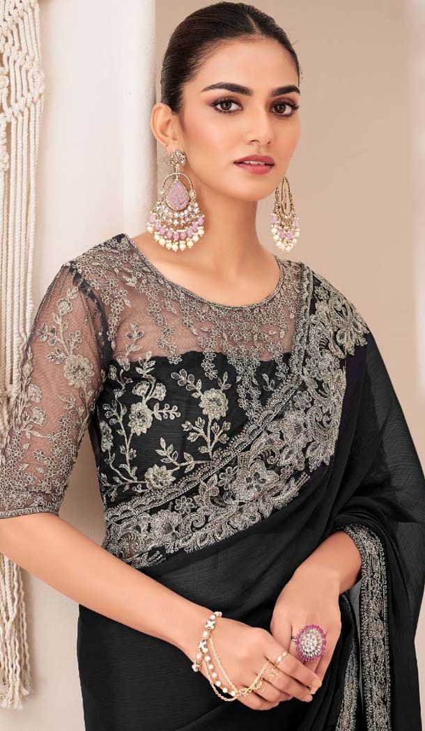 Black Georgette Chiffon Sequins Work Party Wear Saree - 11244199881