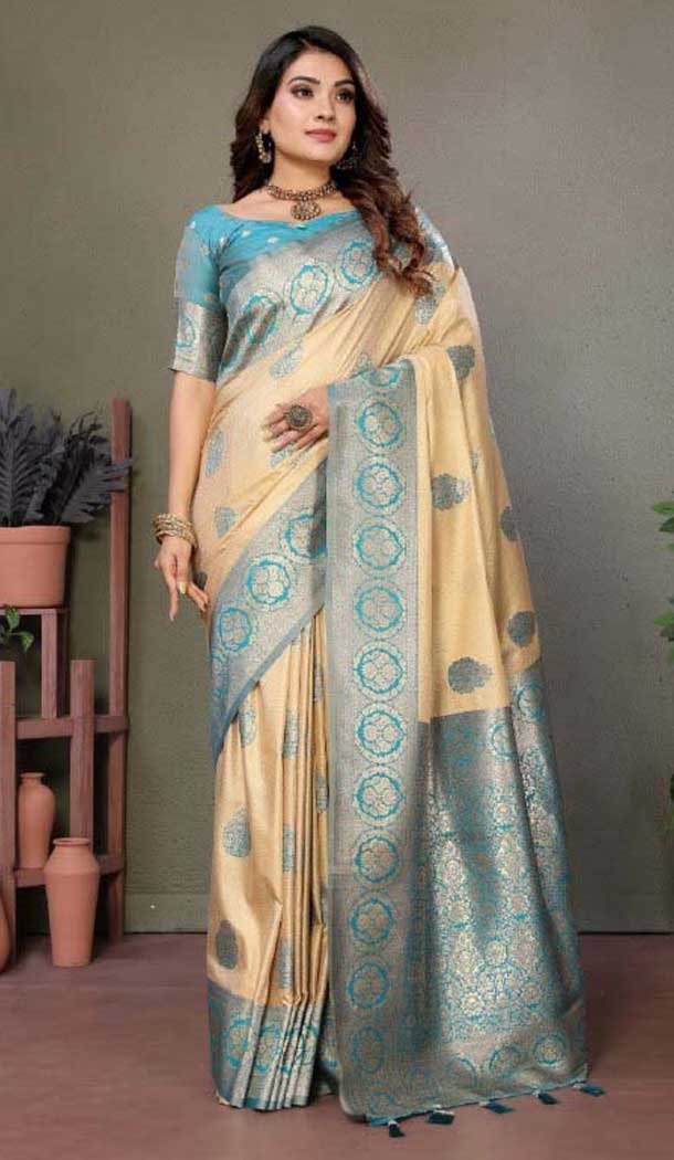 Cream Viscose Silk Zari Weaving Work Party Wear Saree - 11259199944