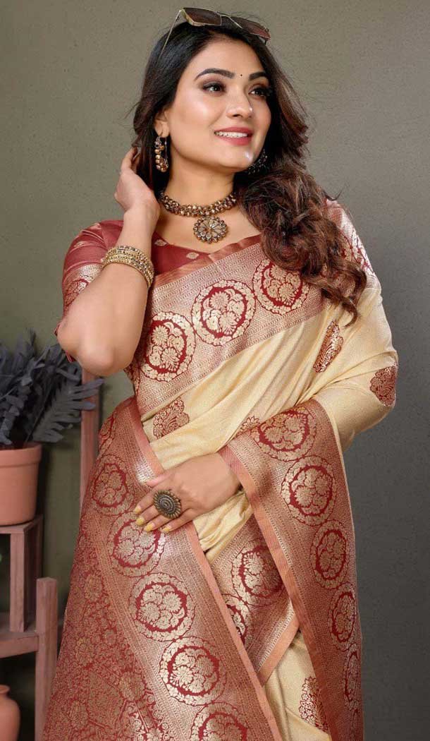 Viscose Silk Zari Weaving Work Party Wear Designer Saree In Cream - 11259199946