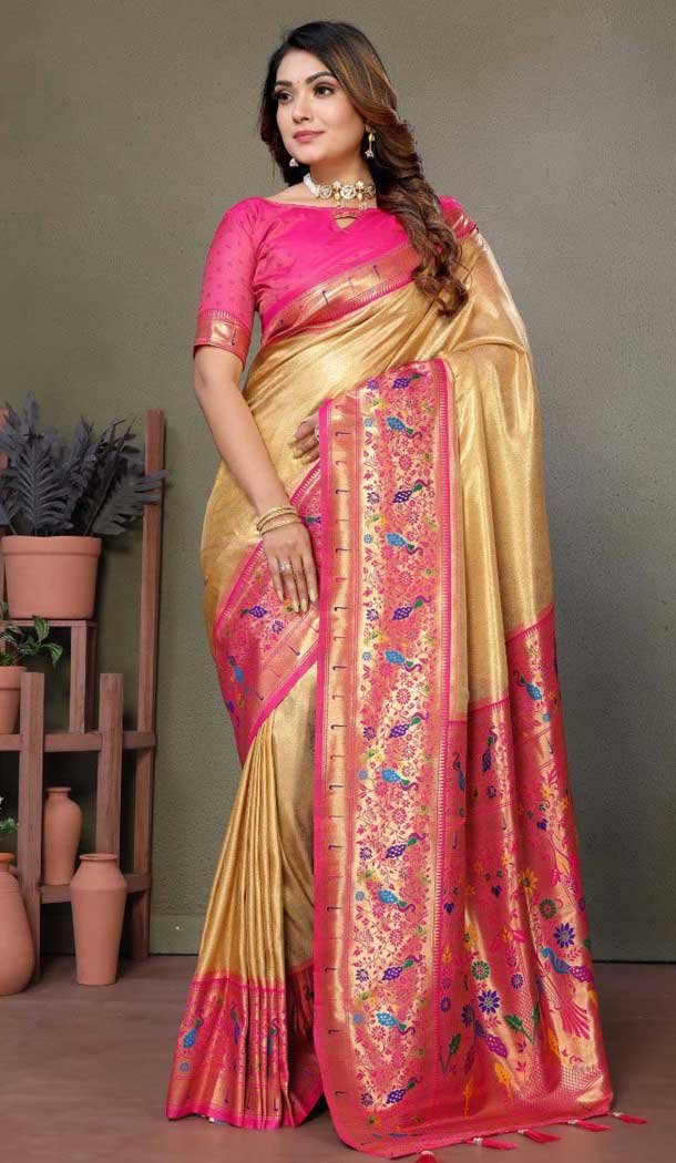 Cream Banarasi Tissue Silk Zari Work Party Wear Saree - 11260199950