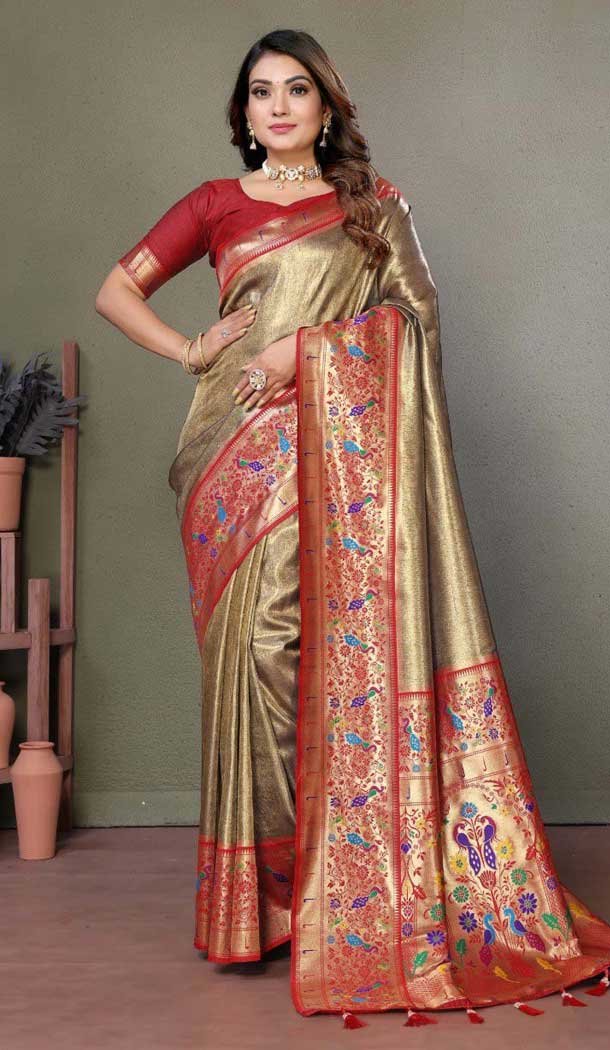 Dark Olive Green Banarasi Tissue Silk Zari Work Party Wear Saree - 11260199951
