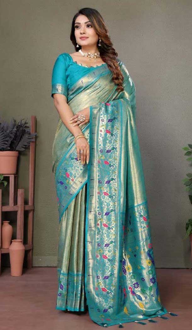 Firozi Blue Banarasi Tissue Silk Zari Work Party Wear Saree - 11260199953