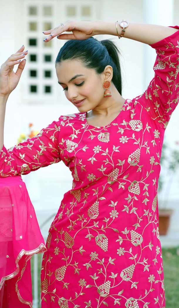 Rani Pink Fox Georgette Embroidery Work Party Wear Sharara Suit - 11360200442