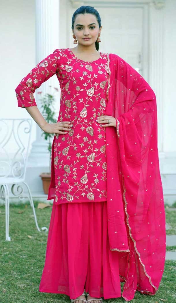 Rani Pink Fox Georgette Embroidery Work Party Wear Sharara Suit - 11360200442