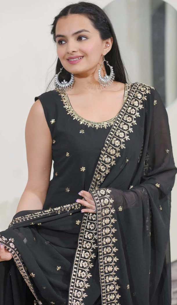 Black Fox Georgette Embroidery Work Party Wear Sharara Suit - 11360200443