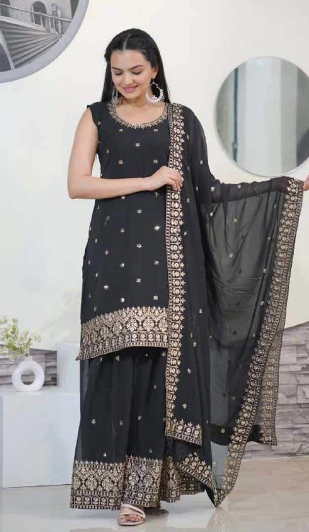 Black Fox Georgette Embroidery Work Party Wear Sharara Suit - 11360200443