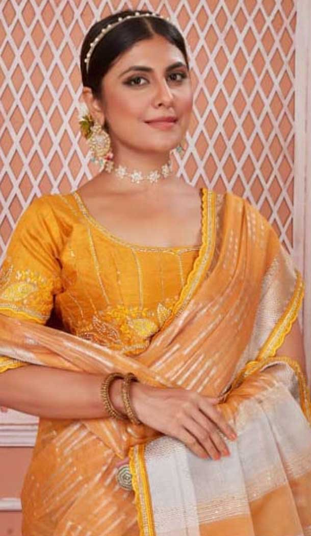 Nylon Zari Work Traditional Party Wear Saree In Yellow - 11276200050