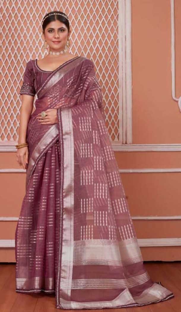 Nylon Zari Work Traditional Party Wear Saree In Wine - 11276200051