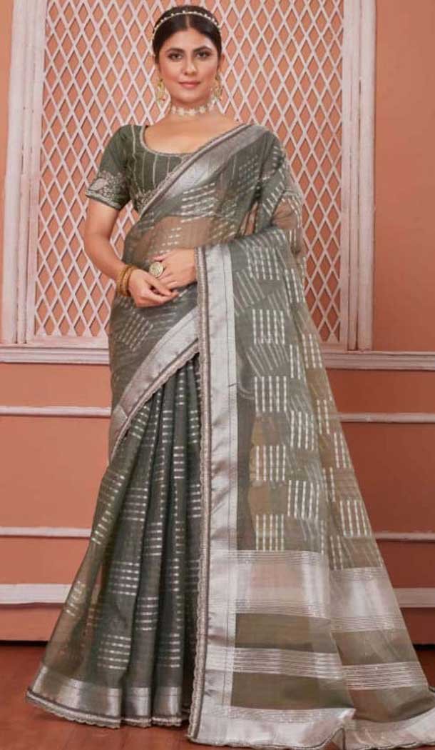 Nylon Zari Work Traditional Party Wear Saree In Green - 11276200052