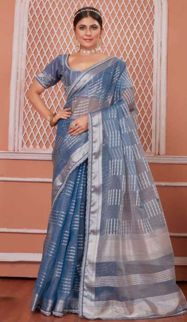 Nylon Zari Work Traditional Party Wear Saree In Blue - 11276200053