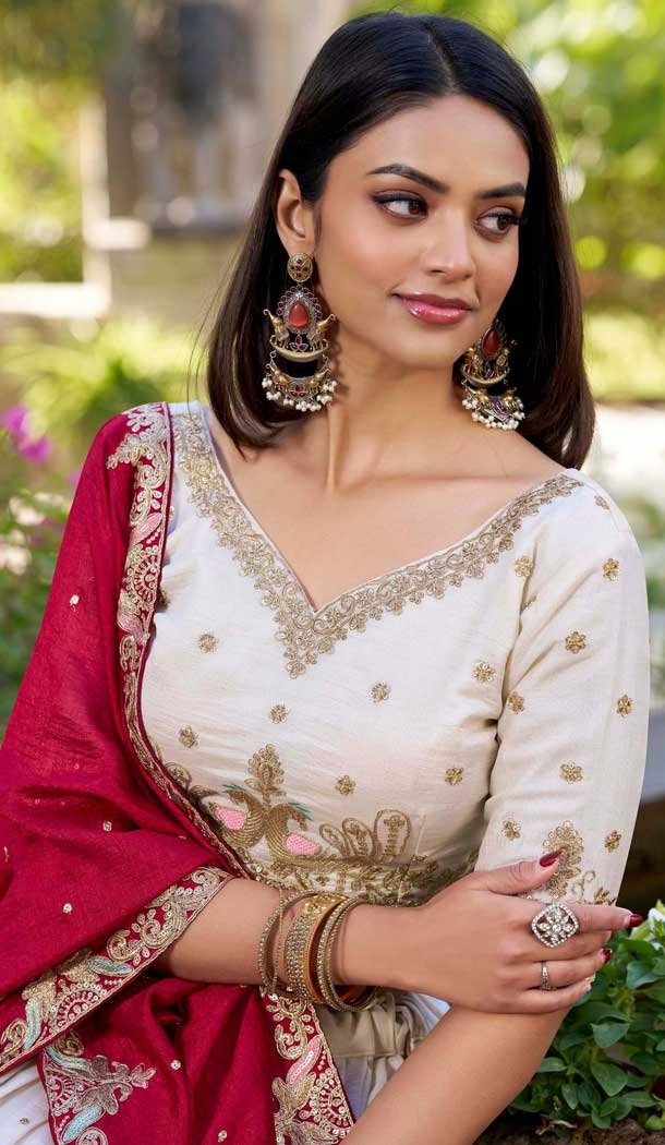 Vichitra Silk Embroidered Party Wear Lehenga Choli In Cream - 11318200277