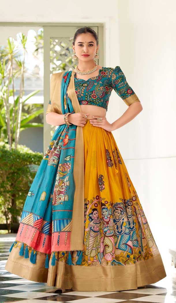 Mustard Dola Silk Printed Traditional Party Wear Lehenga Choli - 11326200323