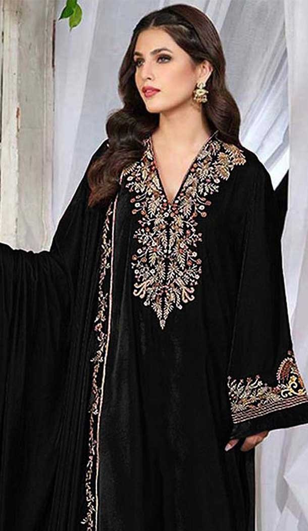 Velvet Embroidered Pakistani Salwar Kameez In Black - 11327200324