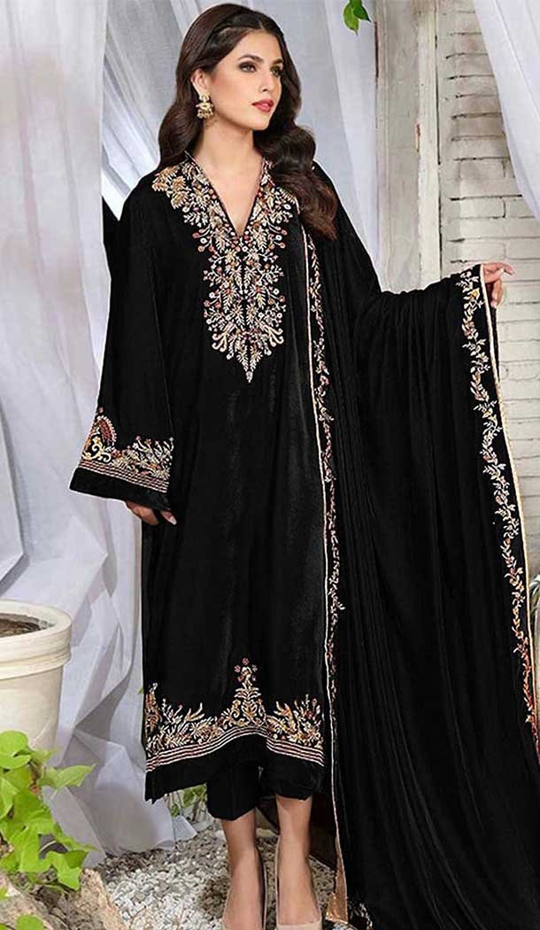 Velvet Embroidered Pakistani Salwar Kameez In Black - 11327200324