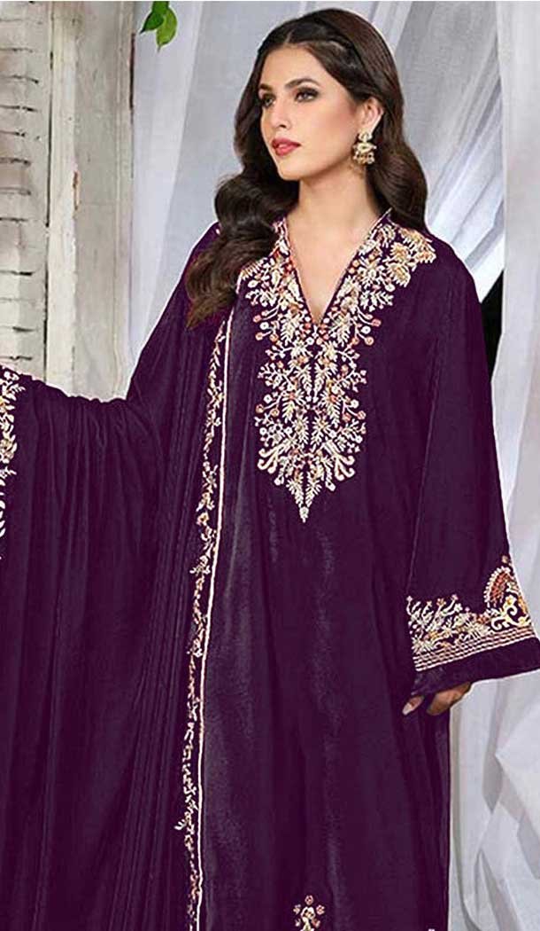 Velvet Embroidered Pakistani Salwar Kameez In Purple - 11327200325