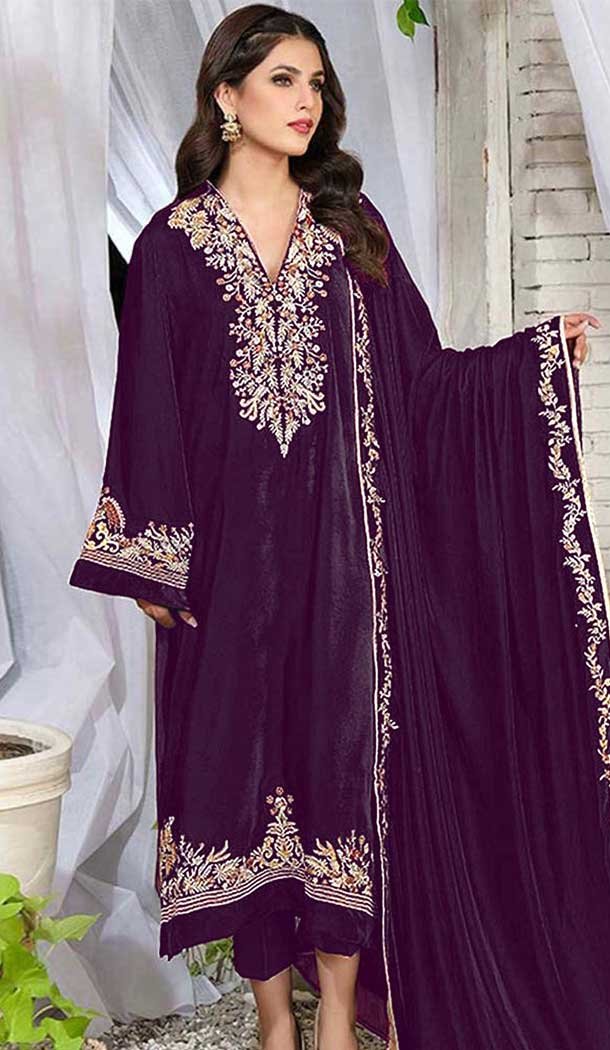 Velvet Embroidered Pakistani Salwar Kameez In Purple - 11327200325