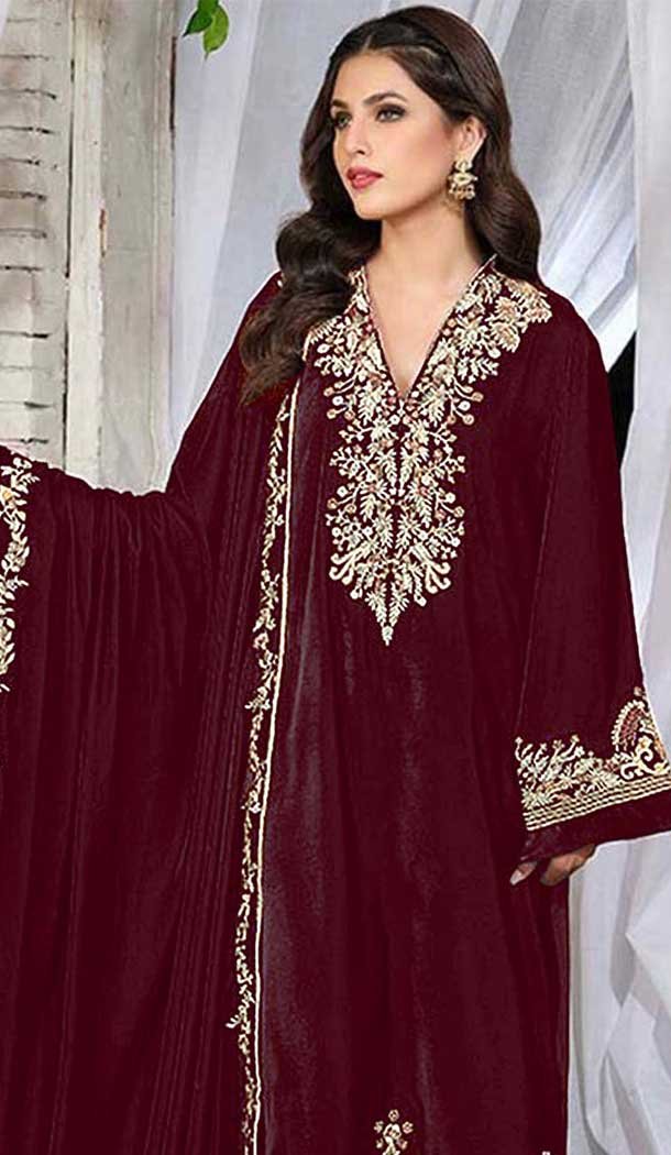 Velvet Embroidered Pakistani Salwar Kameez In Maroon - 11327200326