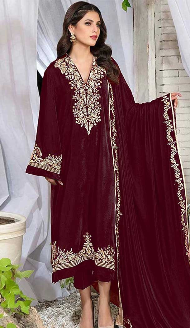 Velvet Embroidered Pakistani Salwar Kameez In Maroon - 11327200326