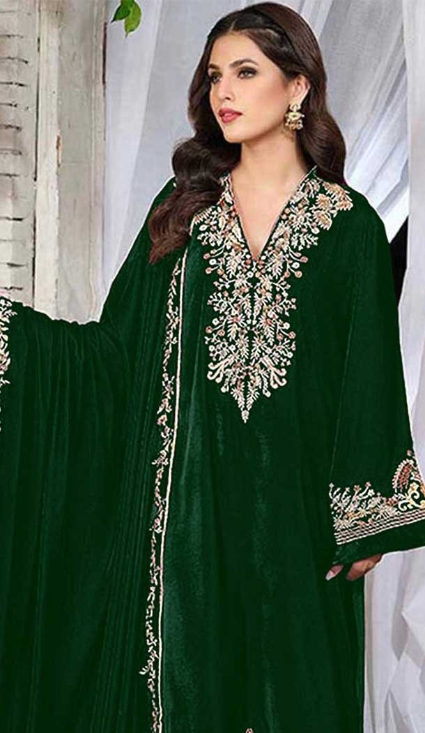 Velvet Embroidered Pakistani Salwar Kameez In Dark Green - 11327200327