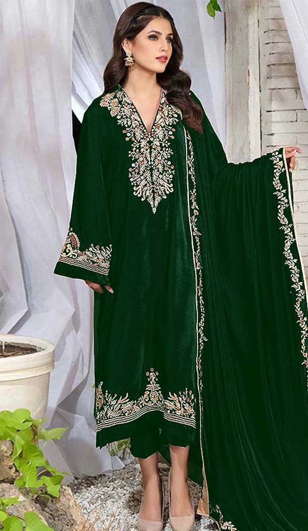Velvet Embroidered Pakistani Salwar Kameez In Dark Green - 11327200327