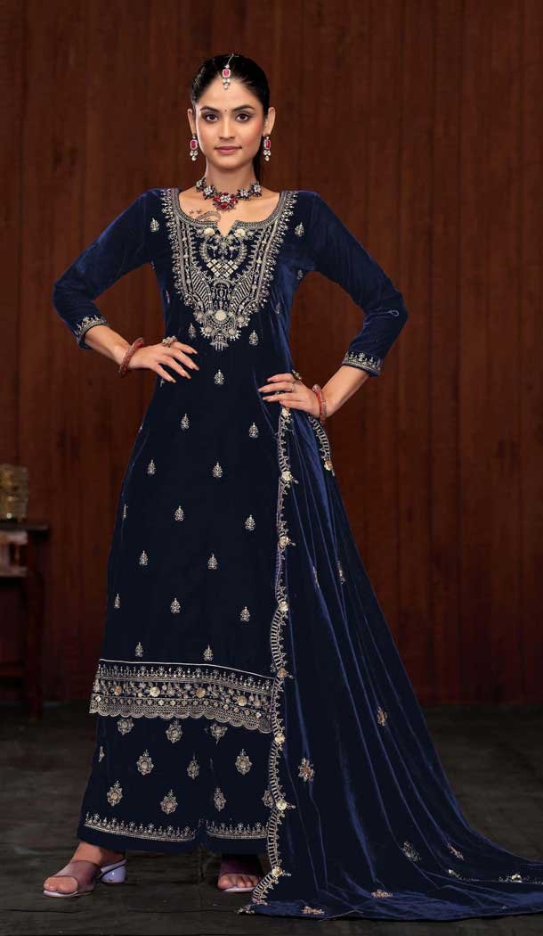 Velvet Sequence Work Party Wear Palazzo Suit In Navy Blue - 11335200358
