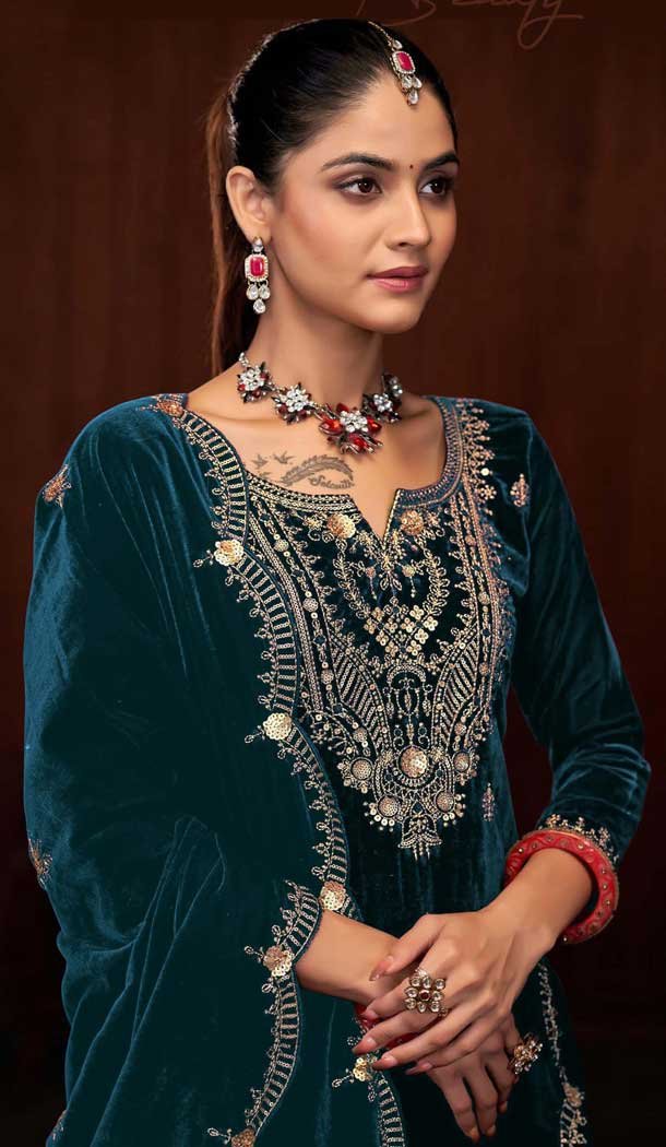 Velvet Sequence Work Party Wear Palazzo Suit In Teal Blue - 11335200360