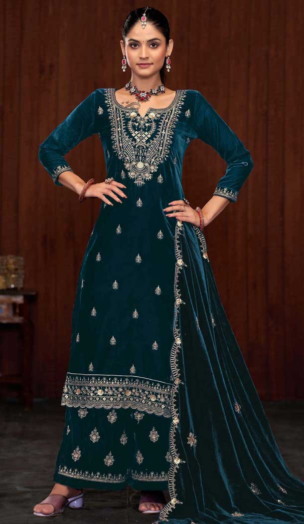 Velvet Sequence Work Party Wear Palazzo Suit In Teal Blue - 11335200360