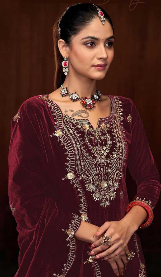 Velvet Sequence Work Party Wear Palazzo Suit In Maroon - 11335200361