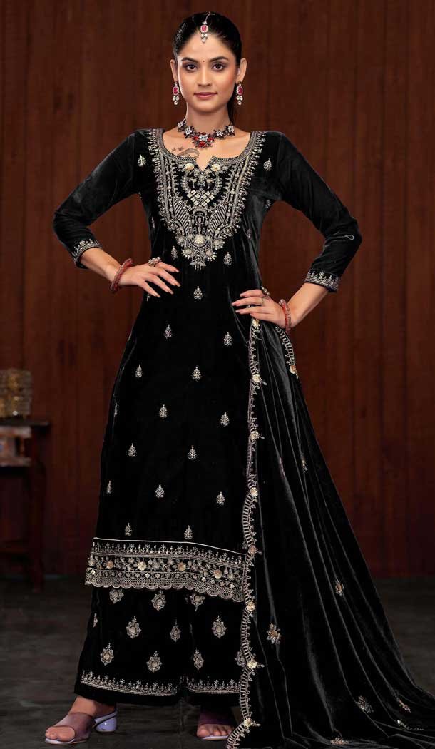 Velvet Sequence Work Party Wear Palazzo Suit In Black - 11335200362