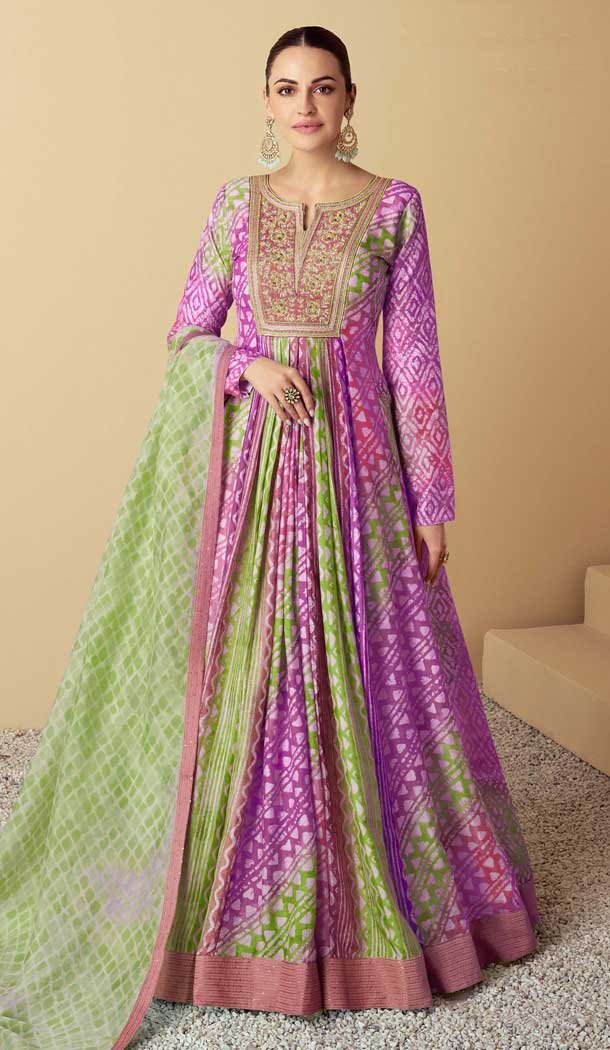 Lavender Muslin Printed Party Wear Designer Gown With Dupatta - 11385200576