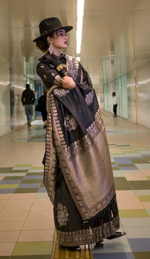 Black Habotai Silk Resham Work Party Wear Saree - 11307200209