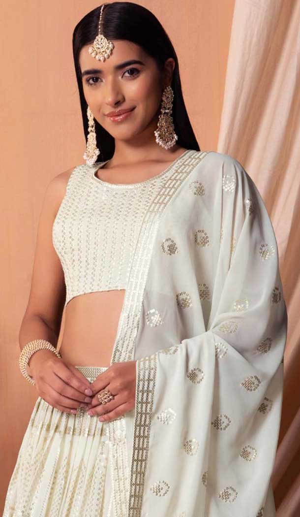 Off White Georgette Sequins Work Party Wear Lehenga Choli - 11355200415