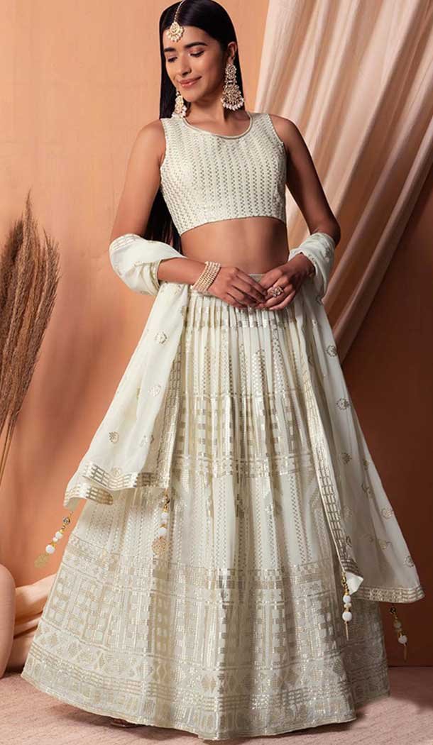 Off White Georgette Sequins Work Party Wear Lehenga Choli - 11355200415