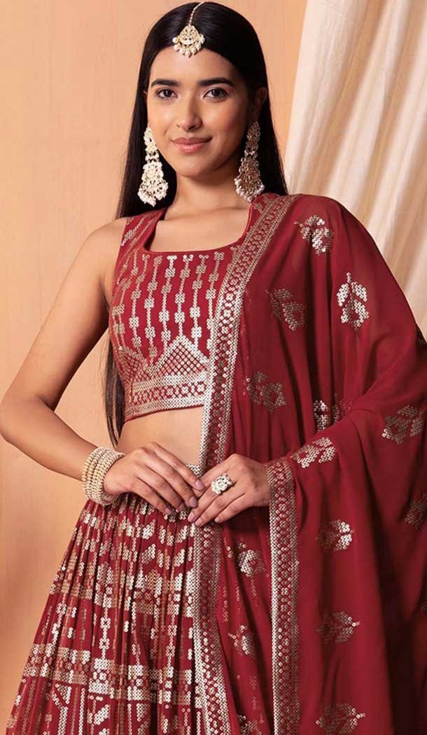 Maroon Georgette Sequins Work Party Wear Lehenga Choli - 11355200416